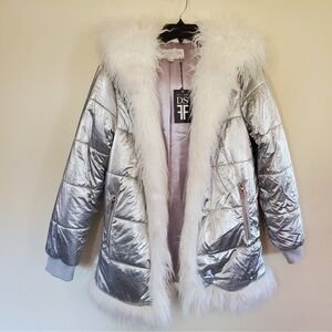 Fabulous Furs Metallic Silver Puffer with White Faux Fur
